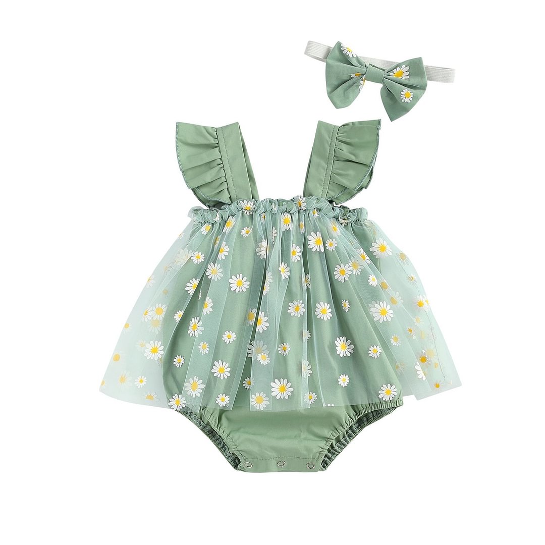 Toddler Baby Daisy Printing Two-pieces Set, Infant Girl's Square Collar Sleeveless Chiffon Bodysuit Skirt + Headband Set