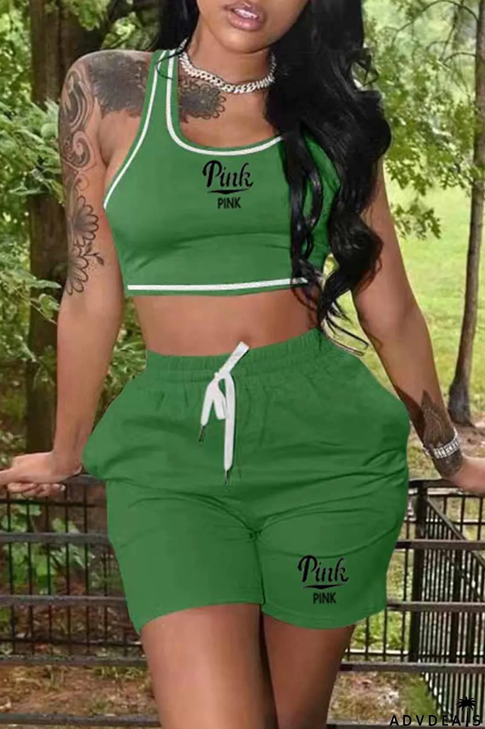 Blue Casual Print Letter U Neck Sleeveless Two Pieces