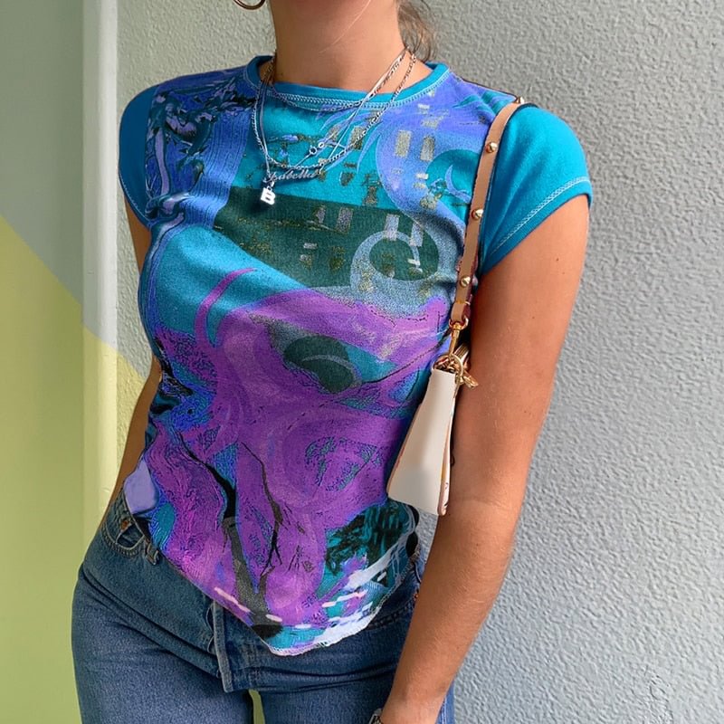 Retro Tie Dye Print Y2K T-shirts 90s Vintage Aesthetic E-girl O-neck Short Sleeve Summer Sweats Tee Tops Women Basic Tshirt