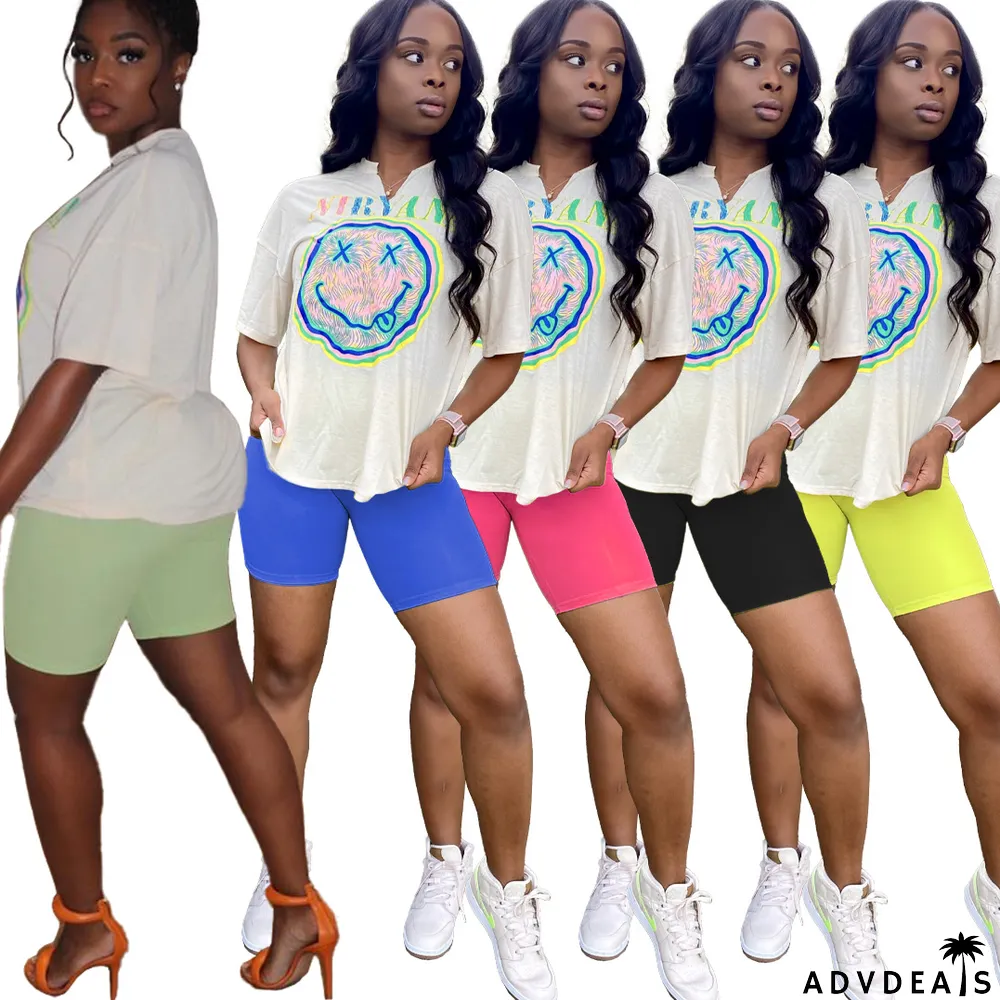 Smiley Print Casual Two-Piece Set