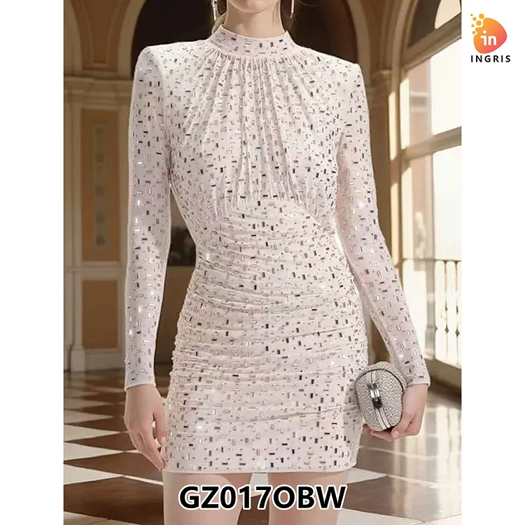 fashion mesh mini sequin beaded body con dress ruched club elegant luxury dresses women party-GZ017OBW