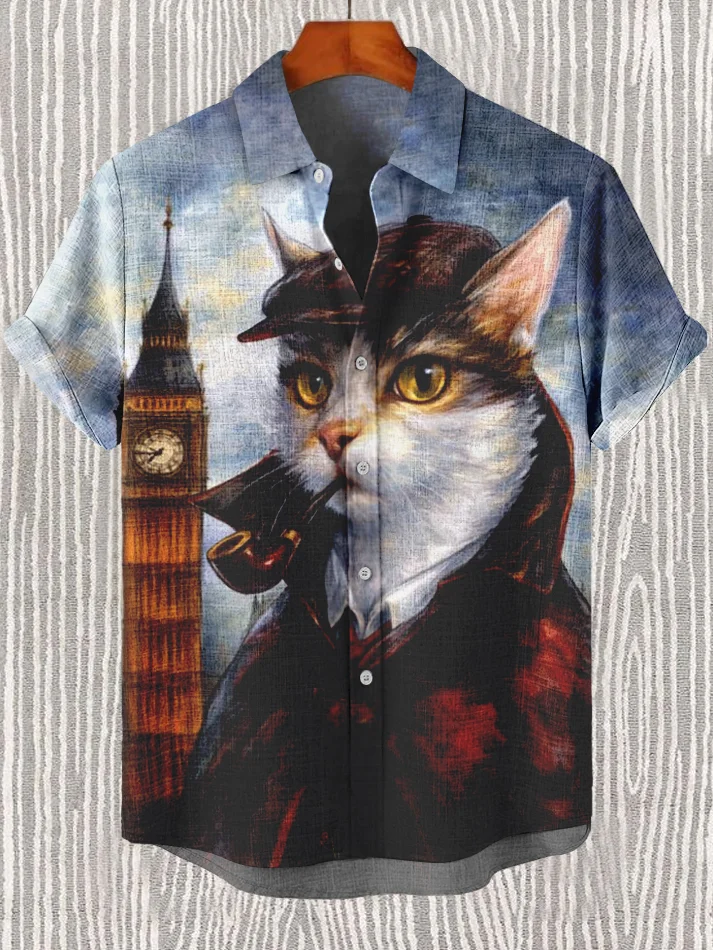 Men's Detective Cat Big Ben Print Casual Short Sleeve Shirt