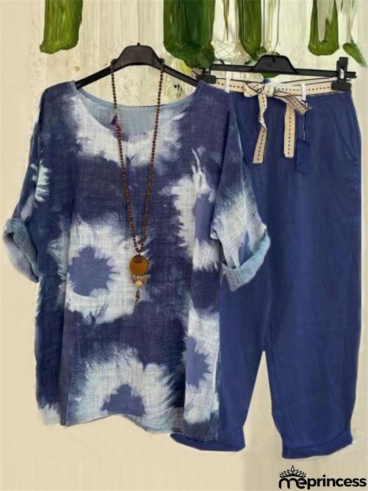 Women's Casual Tie-dye Crew Neck T-shirt + Straight Leg Pants