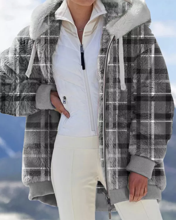 Warm Plush Check Zip Pocket Hooded Oversized Coat-