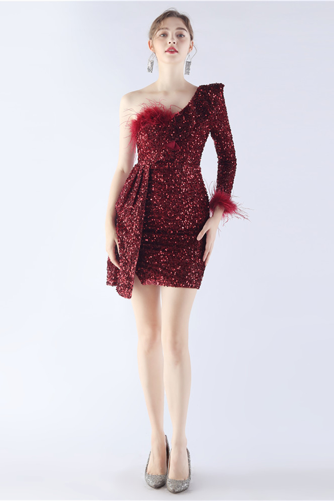 Luluslly One Shoulder Long Sleeve Short Evening Gown Sequins Mini Party Dress