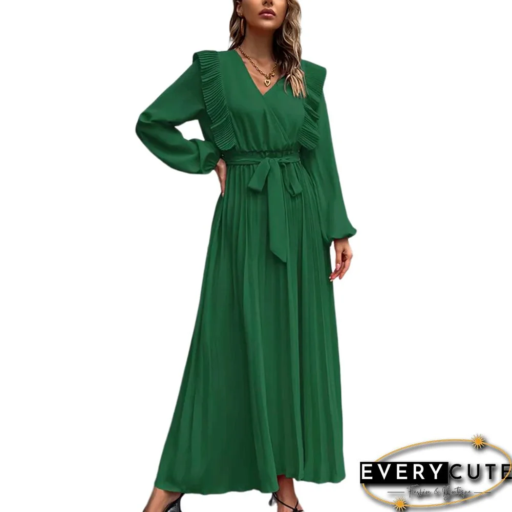 Green V Neck Pleated Tie Waist Swing Maxi Dress