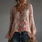 Boho Pink Roses Lace Patchwork Flowy Linen Tunic - Image 2