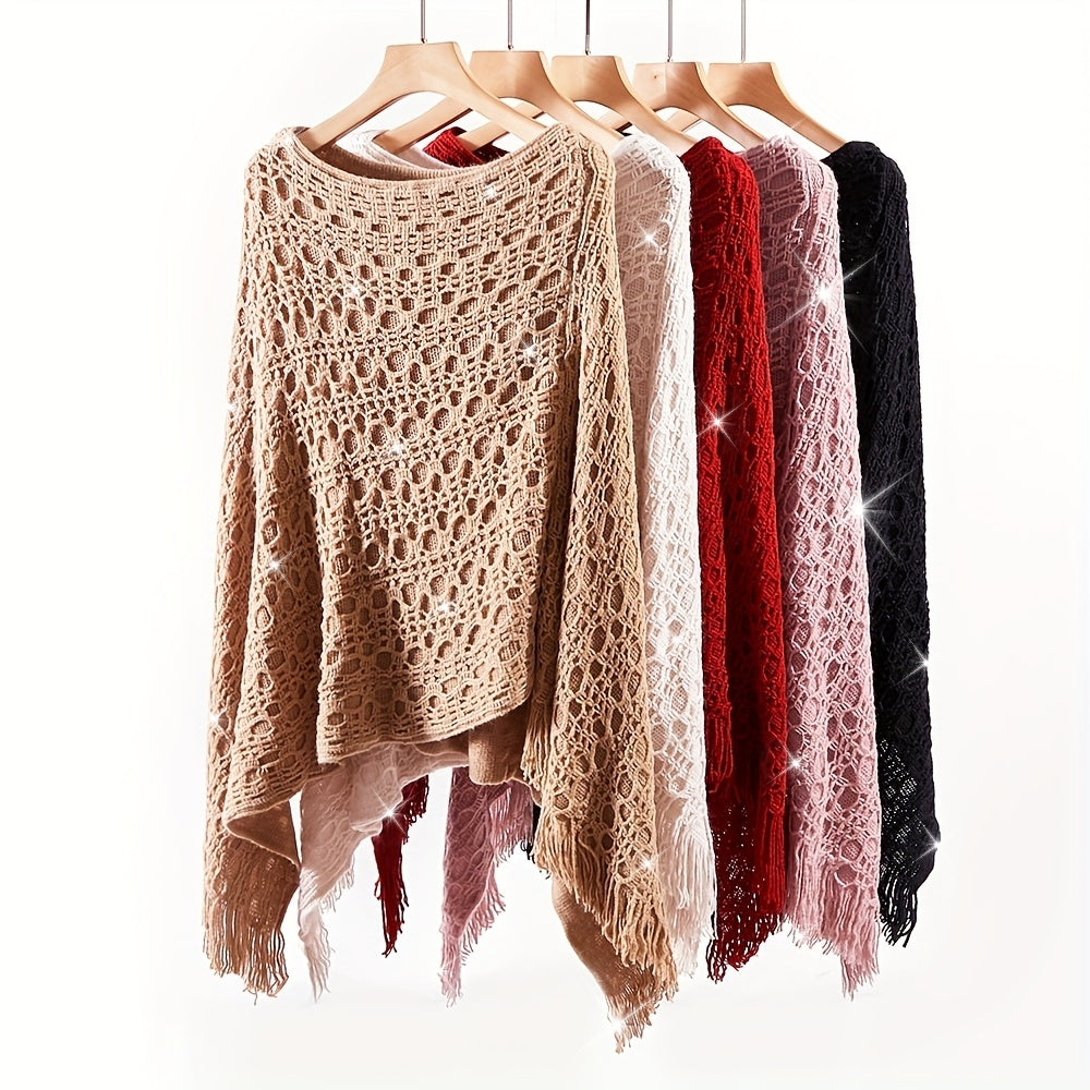 Knit Hollow Out Pullover Poncho Solid Color Tassel Double-layer Outside Wrap Shawl Stylish