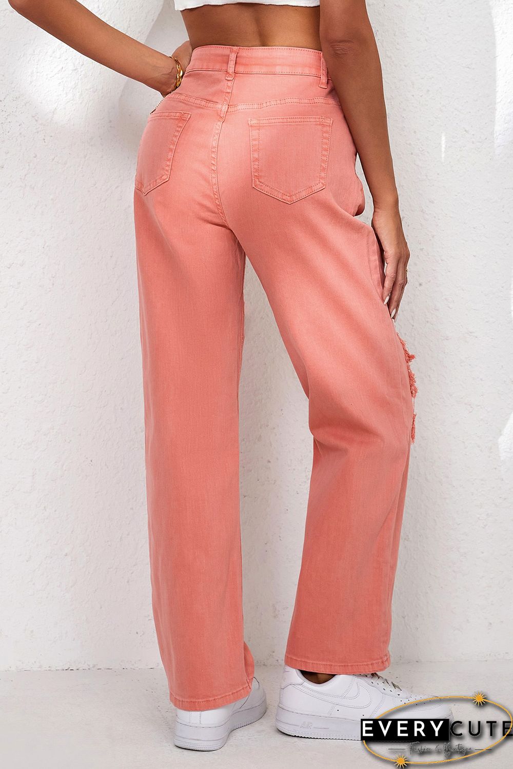 Pink High Waist Ripped Straight Leg Pocket Jeans