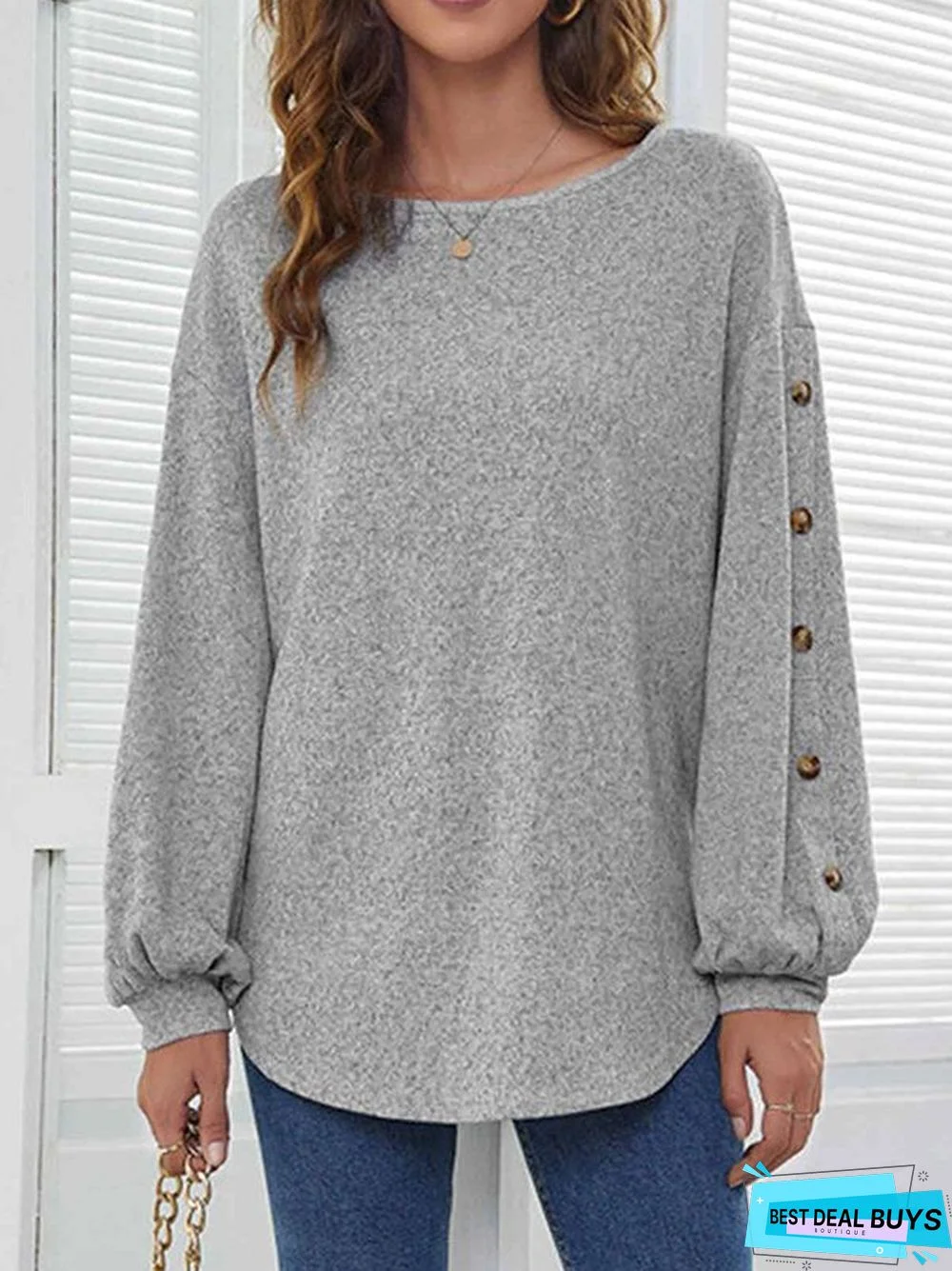 Plain Long Sleeve Crew Neck Casual Tunic Top