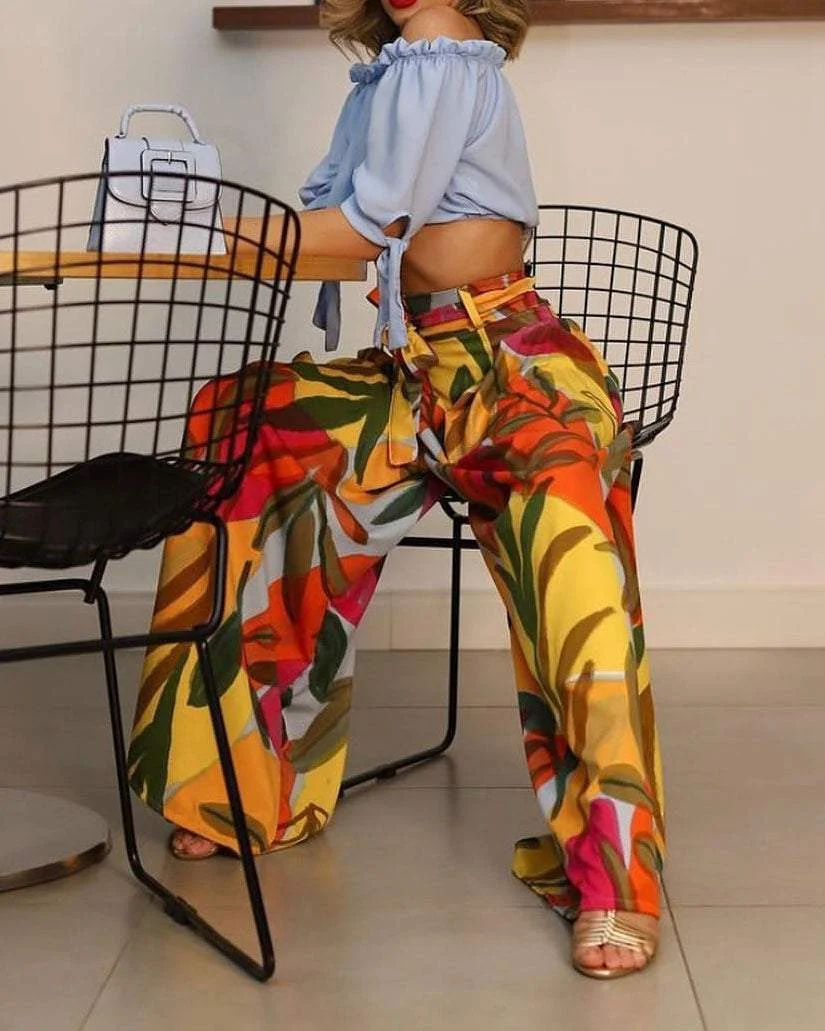 ONE-SHOULDER SOLID COLOR TOP PRINTED PANTS TWO-PIECE SET