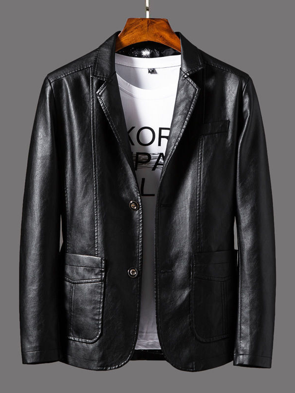 Classic Men's Notched Lapel Leather Biker Jacket