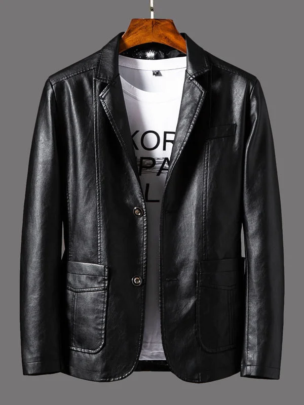 Classic Men's Notched Lapel Leather Biker Jacket