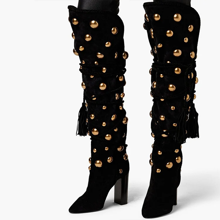 Black Pointed Toe Velvet Shoes Women's Chunky Heel Studs Knee Boots |FSJ Shoes