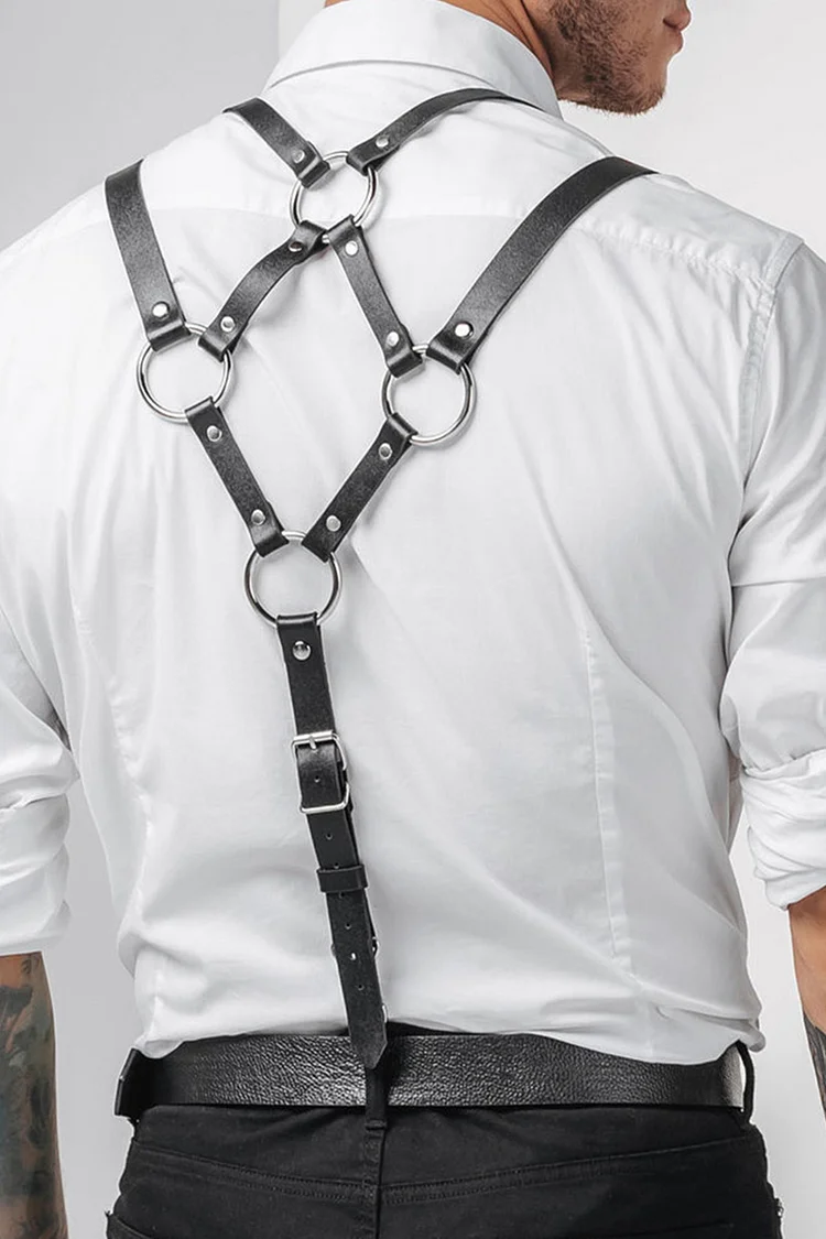 O-Ring Patchwork Adjustable Buckle Suspenders PU Leather Body Harness