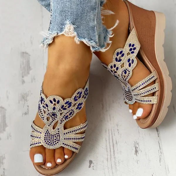 Rhinestone Platform Wedges Backless Slip-on Sandals