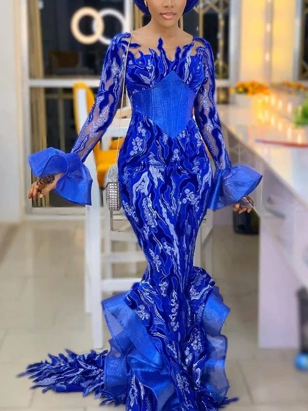 Round-Neck Falbala Feathers Jacquard Sexy Slim Evening Maxi Dress