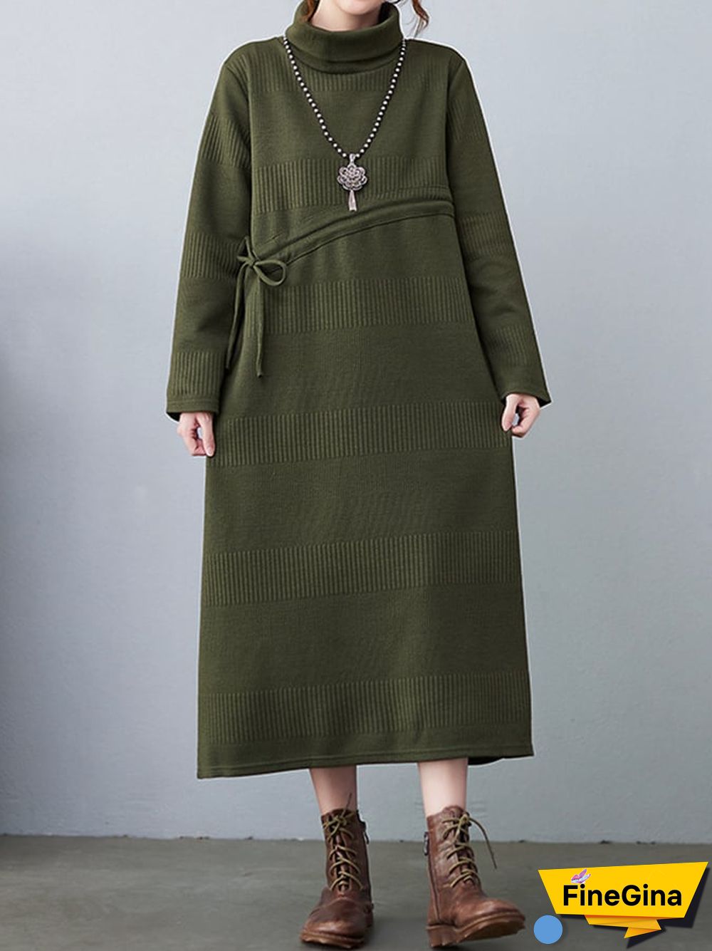 Women's Fall Winter Fashion Knit Layering Drawstring Tie-Waisted Jacquard Dresses