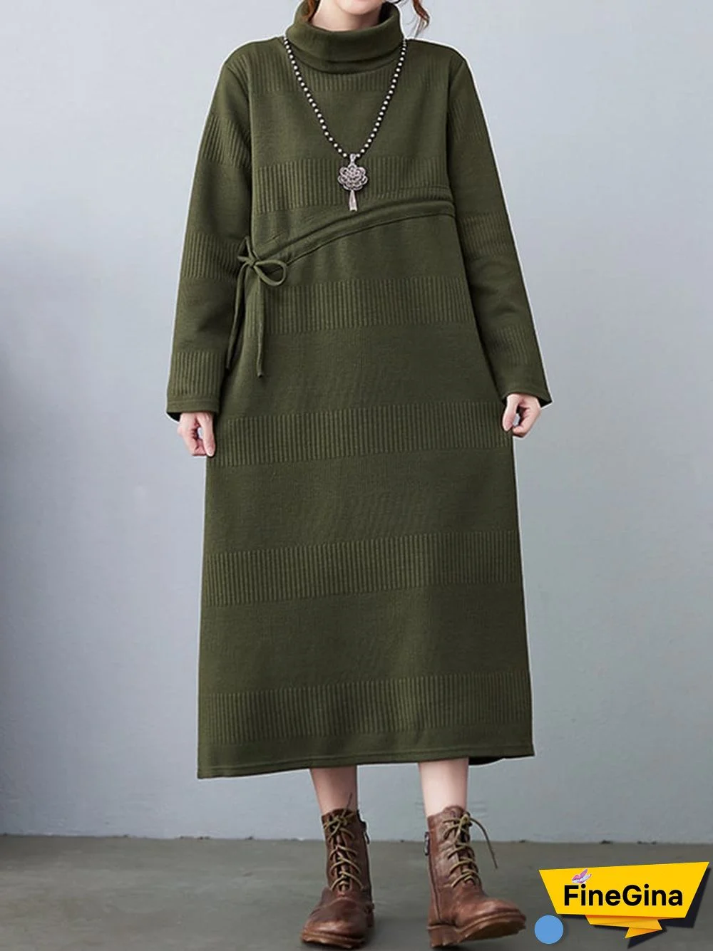 Women's Fall Winter Fashion Knit Layering Drawstring Tie-Waisted Jacquard Dresses