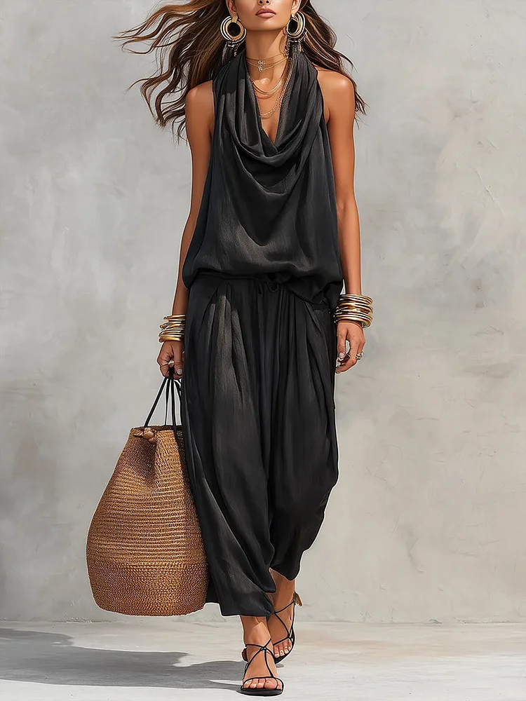 Cozy Elegant Draped Sleeveless Top And Pants Two-piece Set