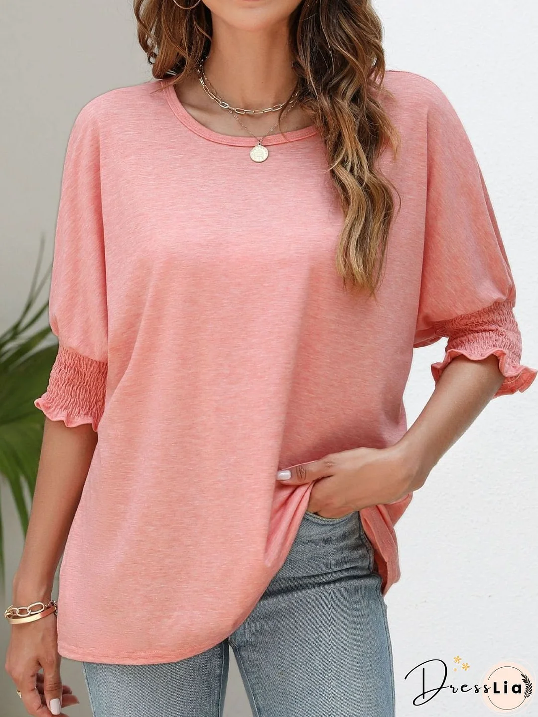 Smocked Flounce Sleeve Round Neck T-Shirt