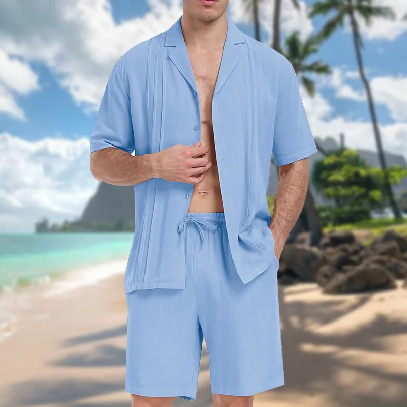 Men's Outdoor Leisure Beach Vacation Editing Edge Strips Linen Sets