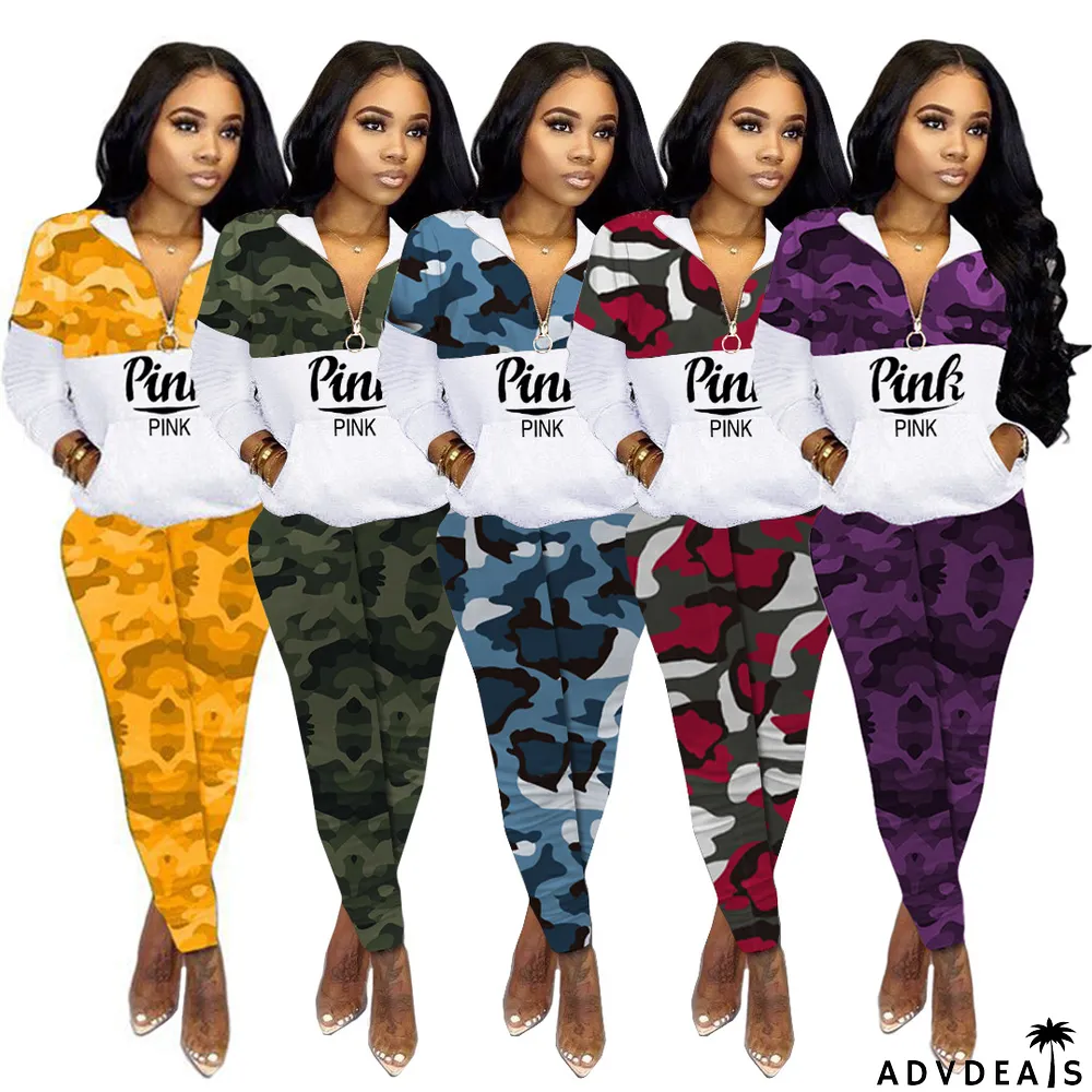 Plus Size Pink Letter Camo Print Casual 2 Piece Sets