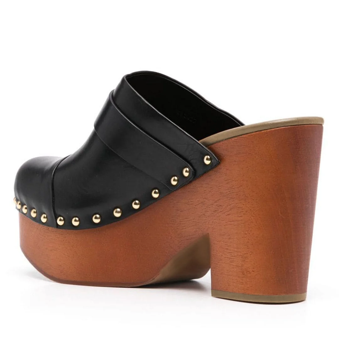 Black Buckle Strap Round Toe Block Heel Platform Mules with Studs