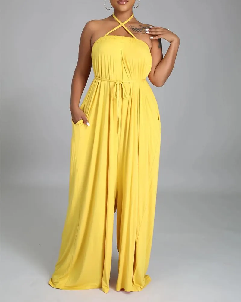 Solid Color Sleeveless Pocket Self Tie Wide Leg Jumpsuit