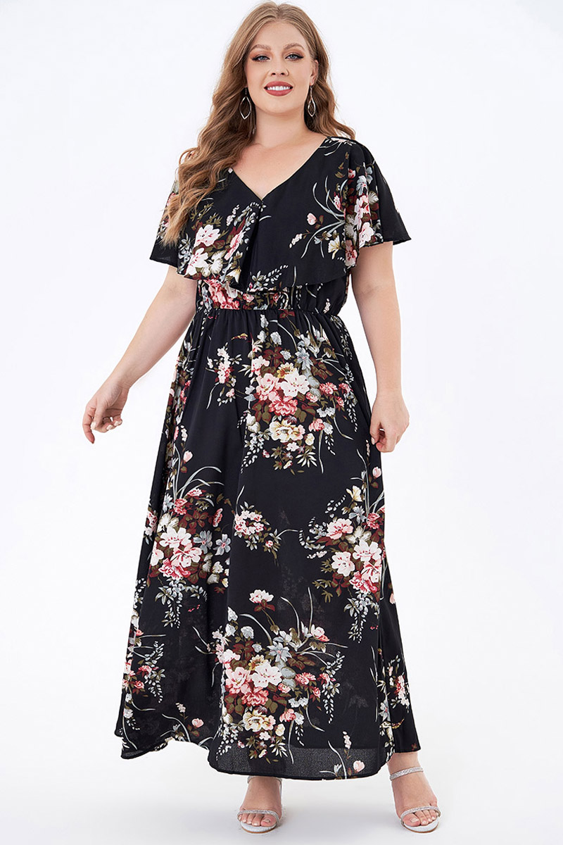 Flycurvy Plus Size Casual Black Chiffon Floral Print Pleated Tunic Maxi Dress