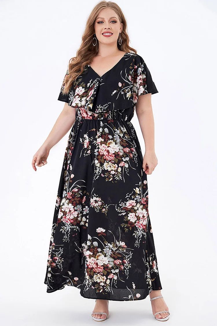 Flycurvy Plus Size Casual Black Chiffon Floral Print Pleated Tunic Maxi Dress  Flycurvy [product_label]