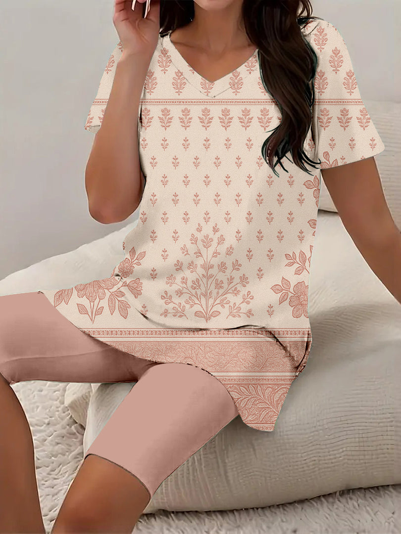 Women Long Sleeve V-neck Graphic Floral Printed Top
