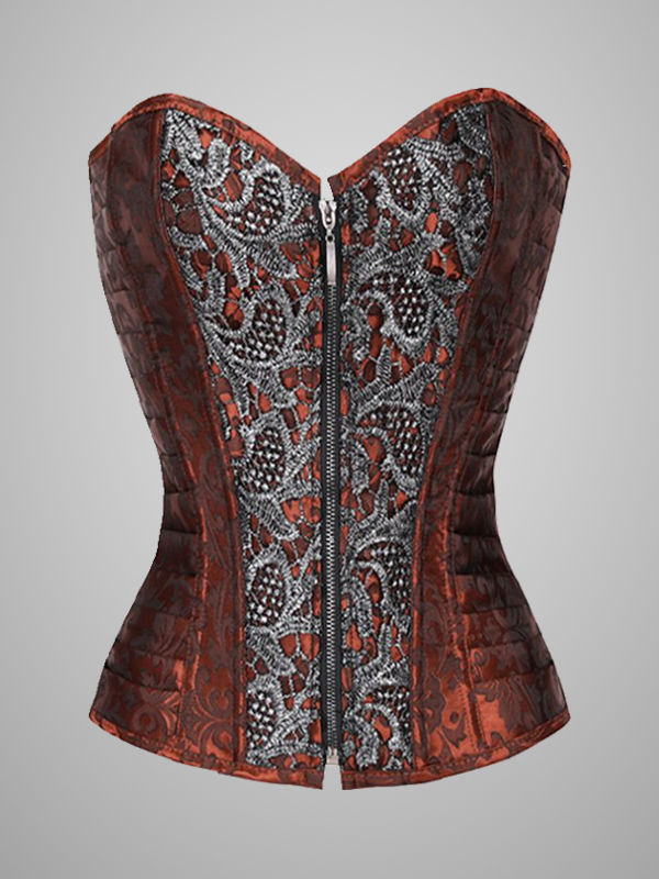 Vintage Floral Jacquard Embroidered Front Zipper Girdle Corset