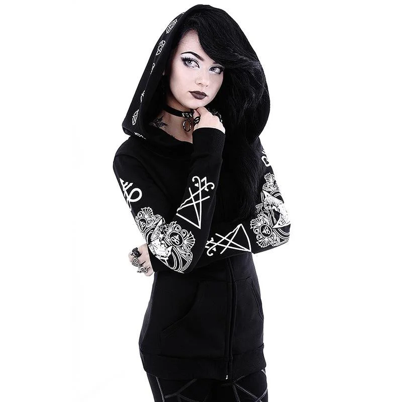5XL Gothic Punk Print Hoodies Sweatshirts Women Long Sleeve Black Jacket Zipper Coat Autumn Winter Female Casual Hooded Tops