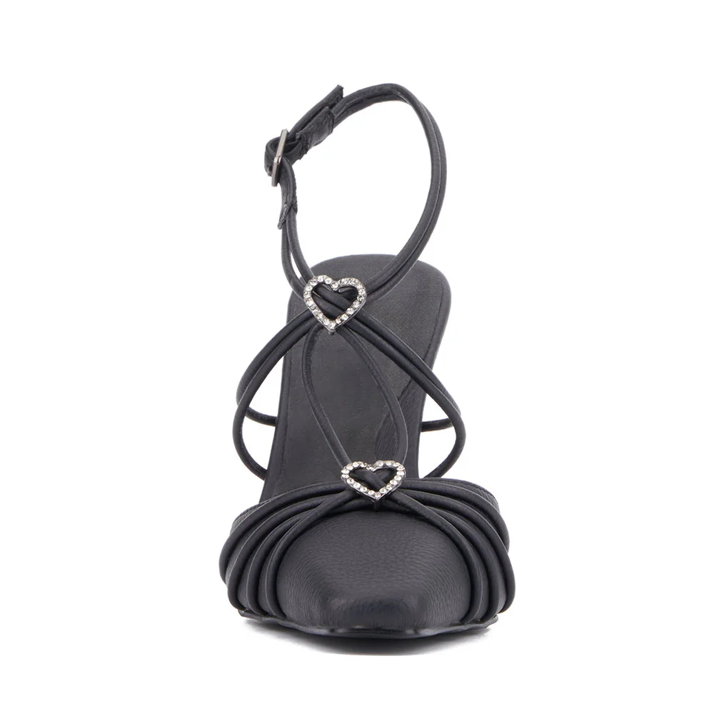 Women's Black Pointed Toe Buckled Rhinestone Heart Pumps Heels