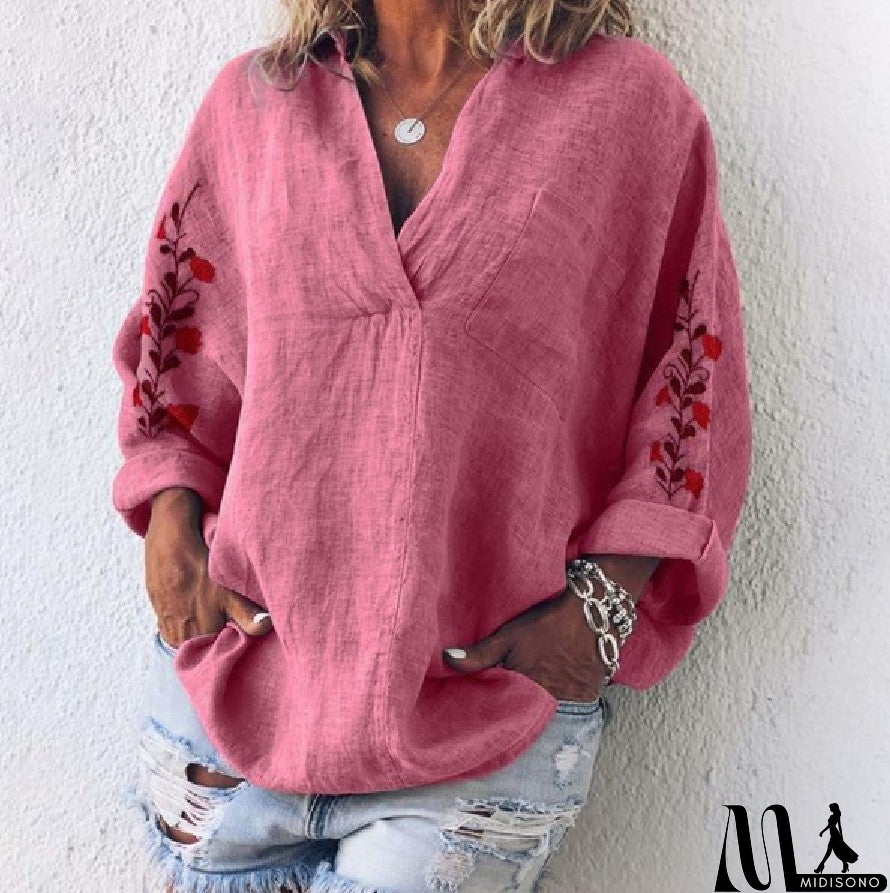 MidiSono - Loose Long Sleeve V-Neck Shirt
