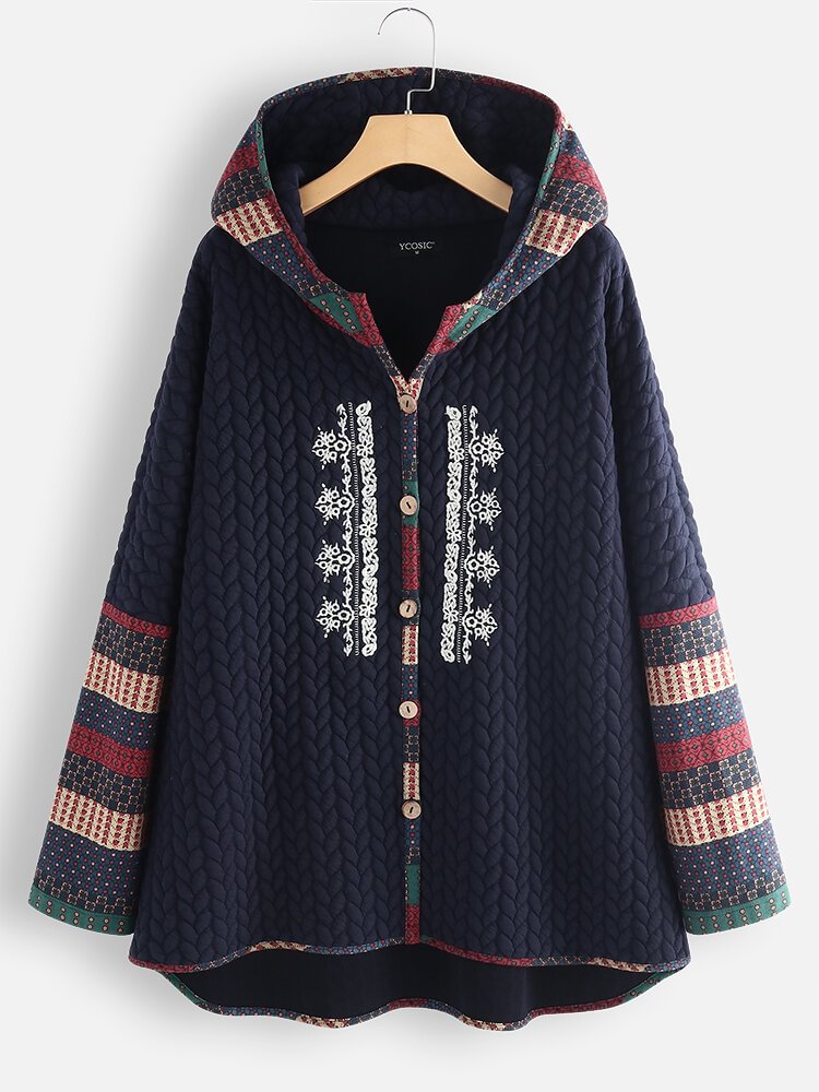 Jacquard Vintage Patch Ethnic Hooded Button Long Sleeve Coat - Shop Trendy Women's Fashion | TeeYours