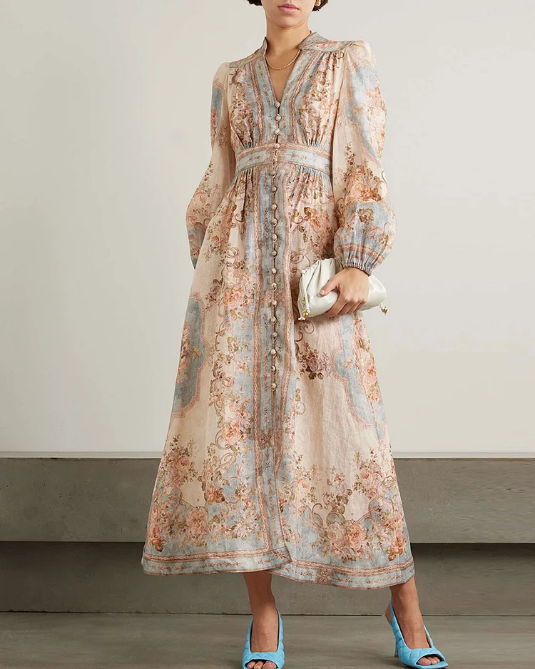 Floral-print linen midi dres