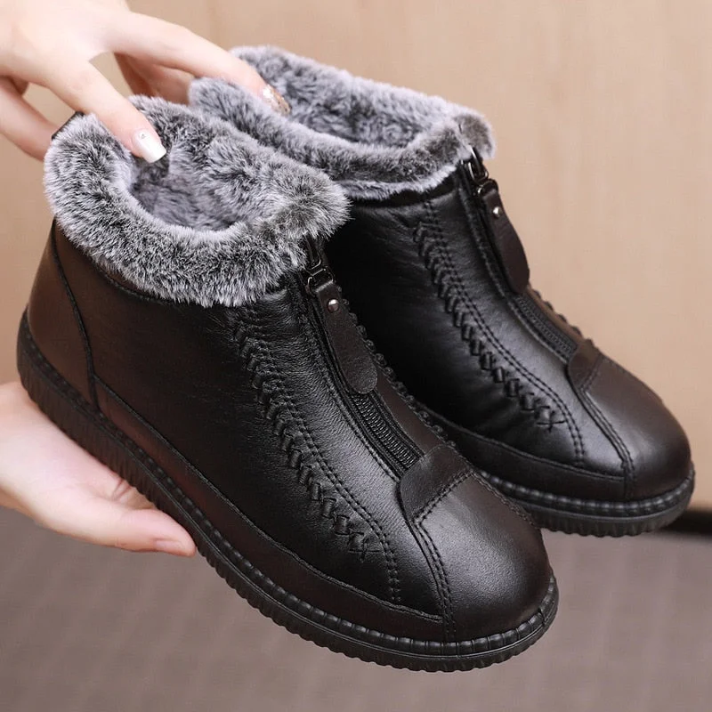 GKTINOO Winter New Leather Waterproof Snow Boots Women's Plus Velvet Warm Short Boots Ladies Casual Lightweight Flat Boots