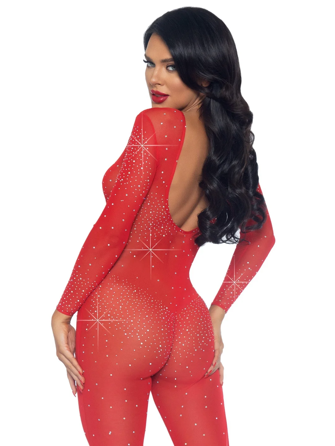 Sheer Rhinestone Long Sleeve Catsuit