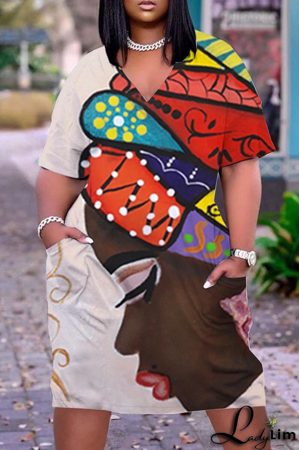 Black Casual Print Patchwork V Neck Straight Dresses