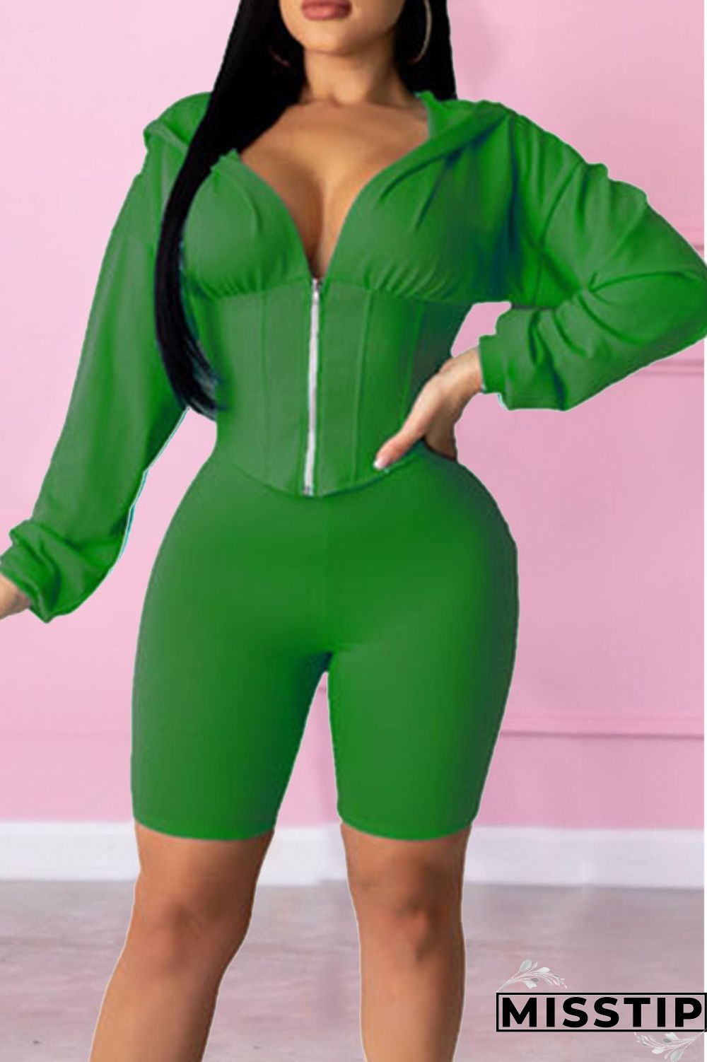 Green Casual Solid Patchwork Hooded Collar Long Sleeve Two Pieces