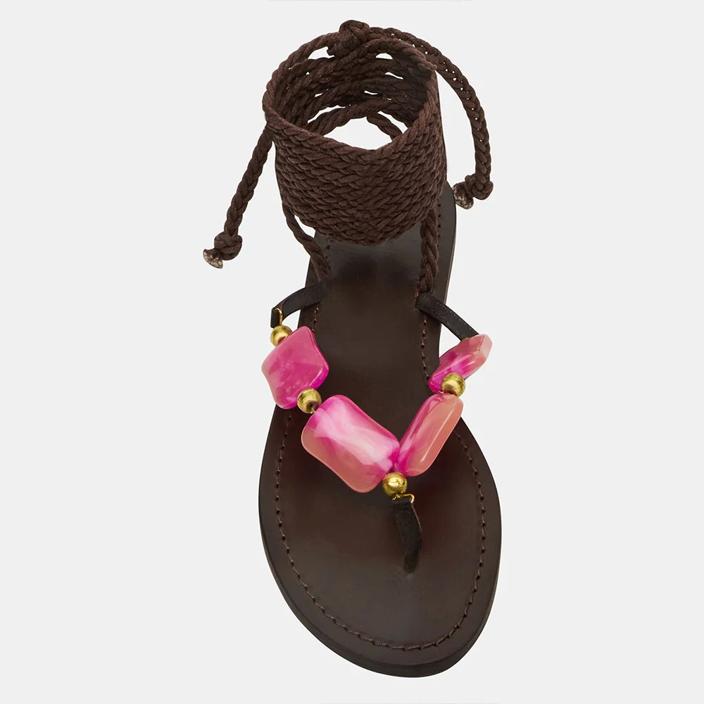 Dark Brown Braided Open-Toe Pink Stone Decor Flat Sandals for Women
