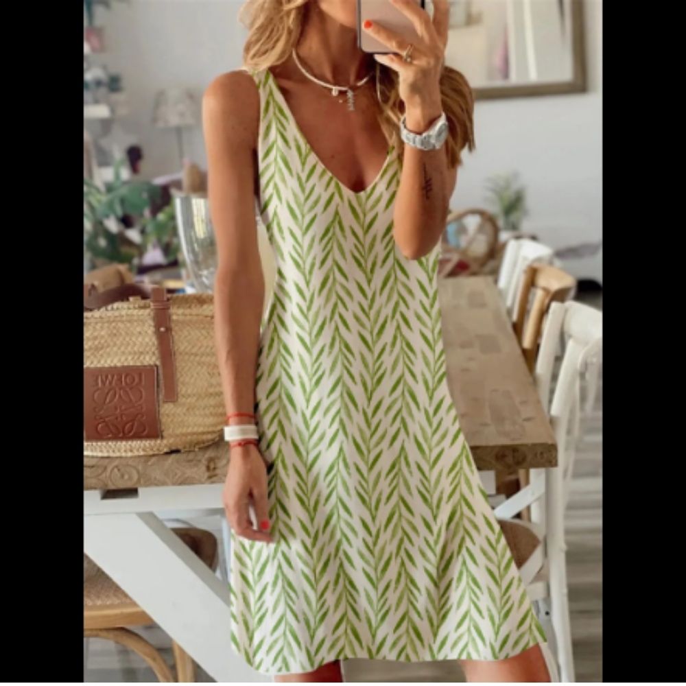 Women's Summer Leaf Pattern Sleeveless V-neck Slim Casual Dress