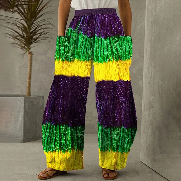 VChics Women's Mardi Gras Fringe Print Wide Leg Casual Pants