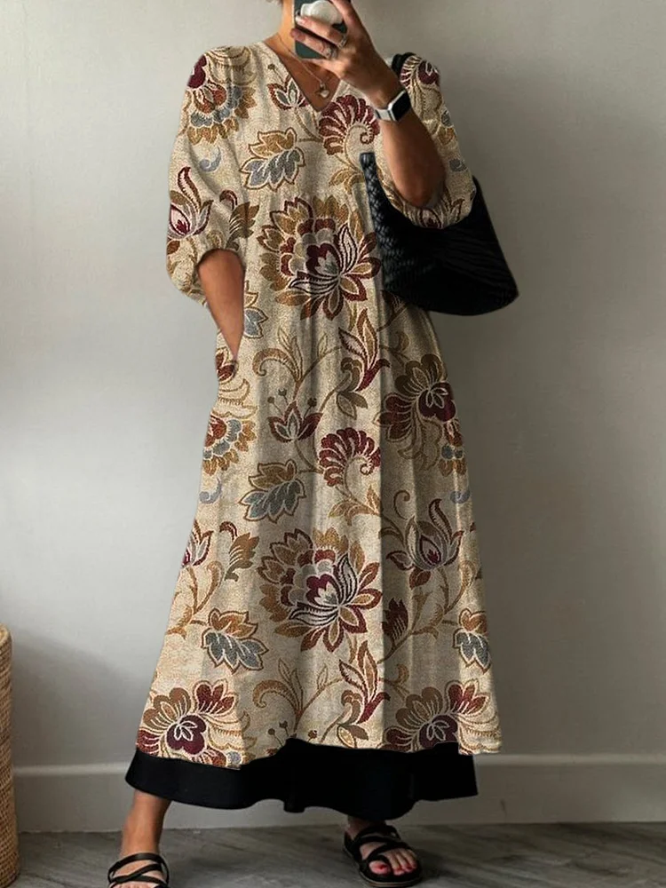 Women's Vintage Brown Flowers Print Pocket V-neck Cotton Dress