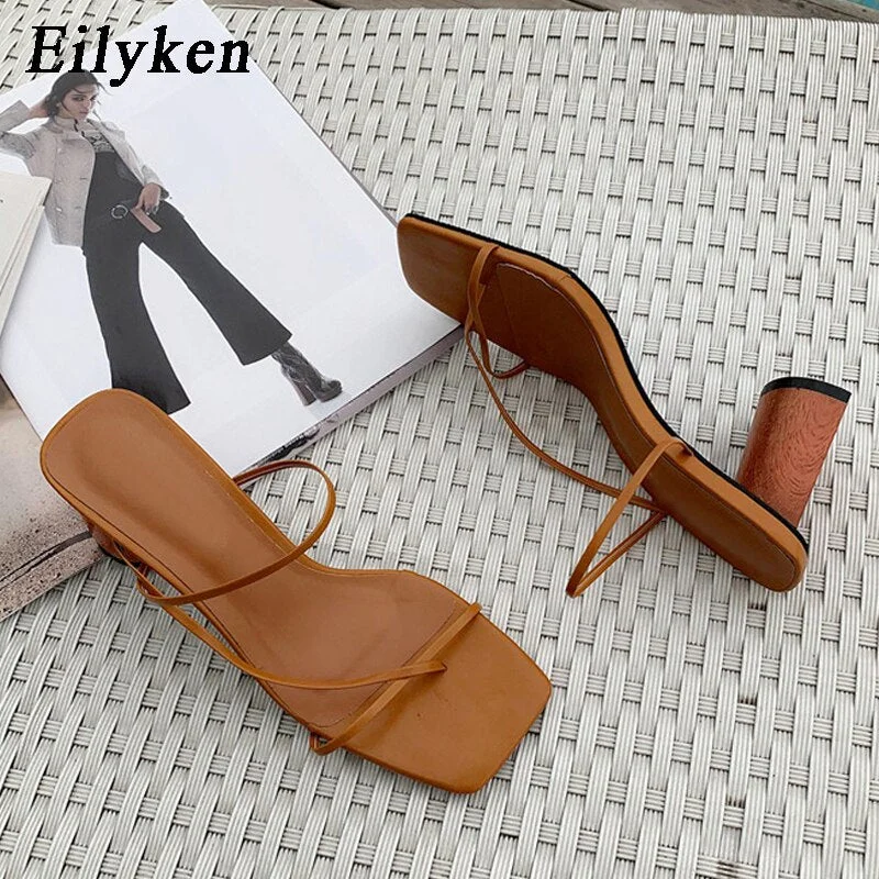 Eilyken 2021 New Summer Women Sandals Slipper High Cylindrical Heel Outdoor Flip Flops Narrow Strap Women Slides