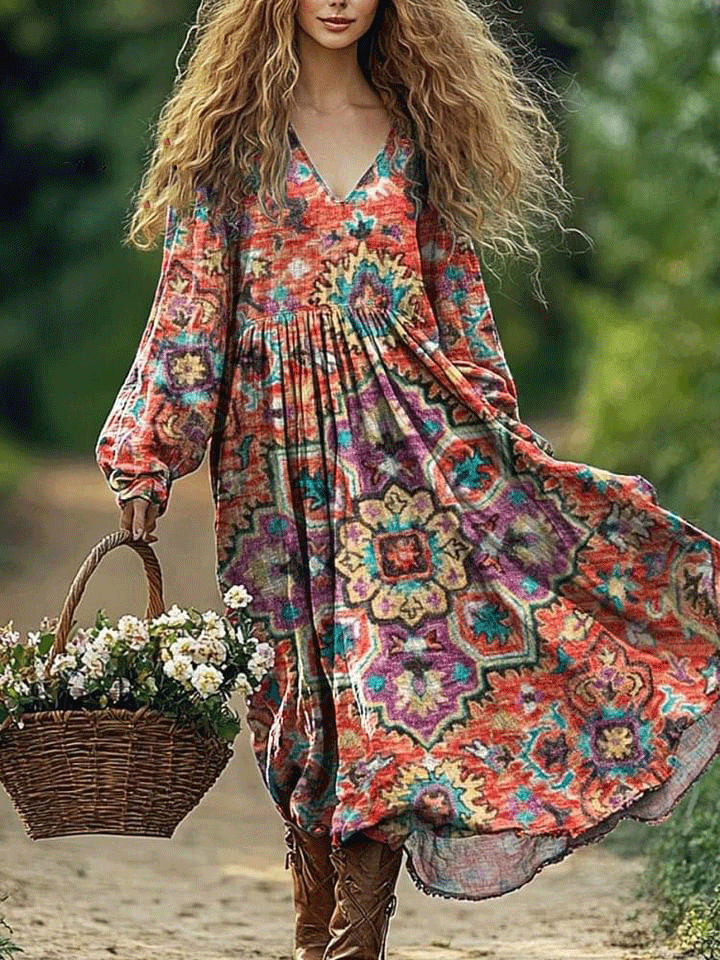 Women's Vintage Lovely Floral Art Print Pocket Cotton Dress
