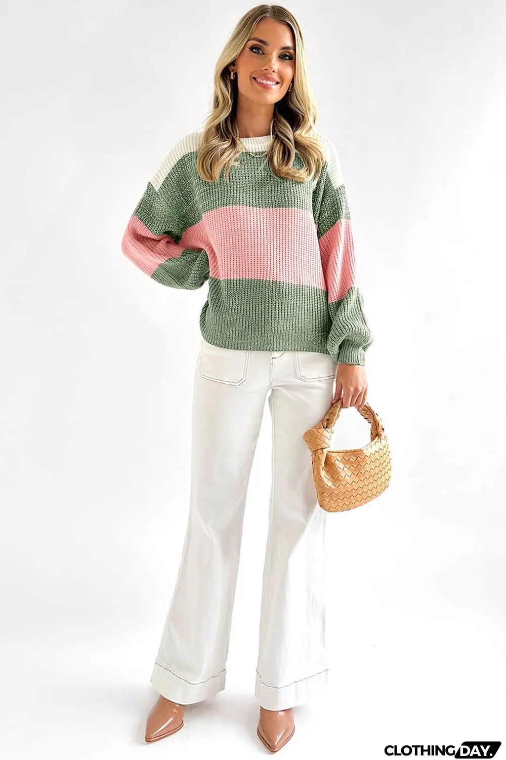 Green Colorblock Drop Shoulder Pullover Loose Sweater