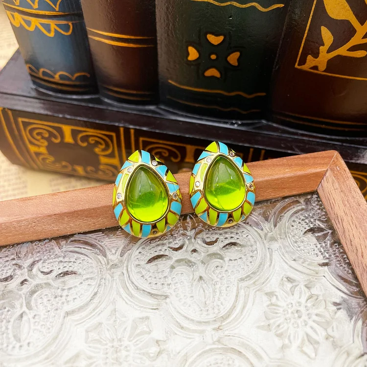 Droplet shaped colored enamel earrings